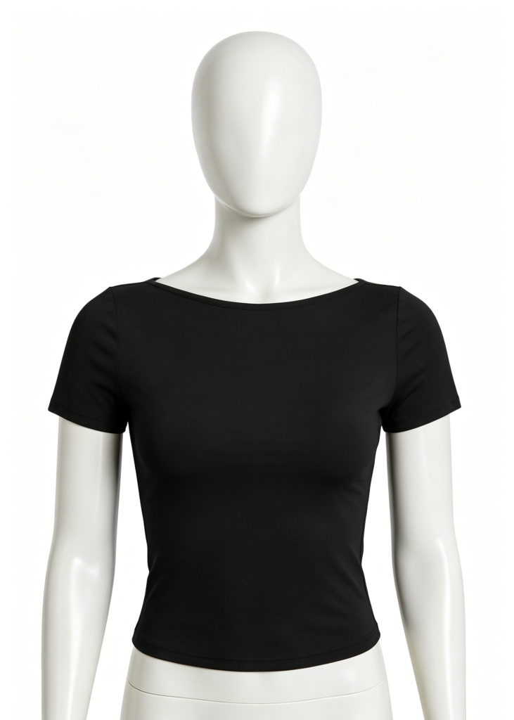Form-Fitting Black Boat Neck Short Sleeve Top