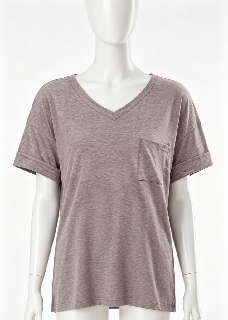 A relaxed, everyday staple, this heathered taupe V-neck tee features rolled sleeves and a chest pocket for a laid-back, comfortable look.