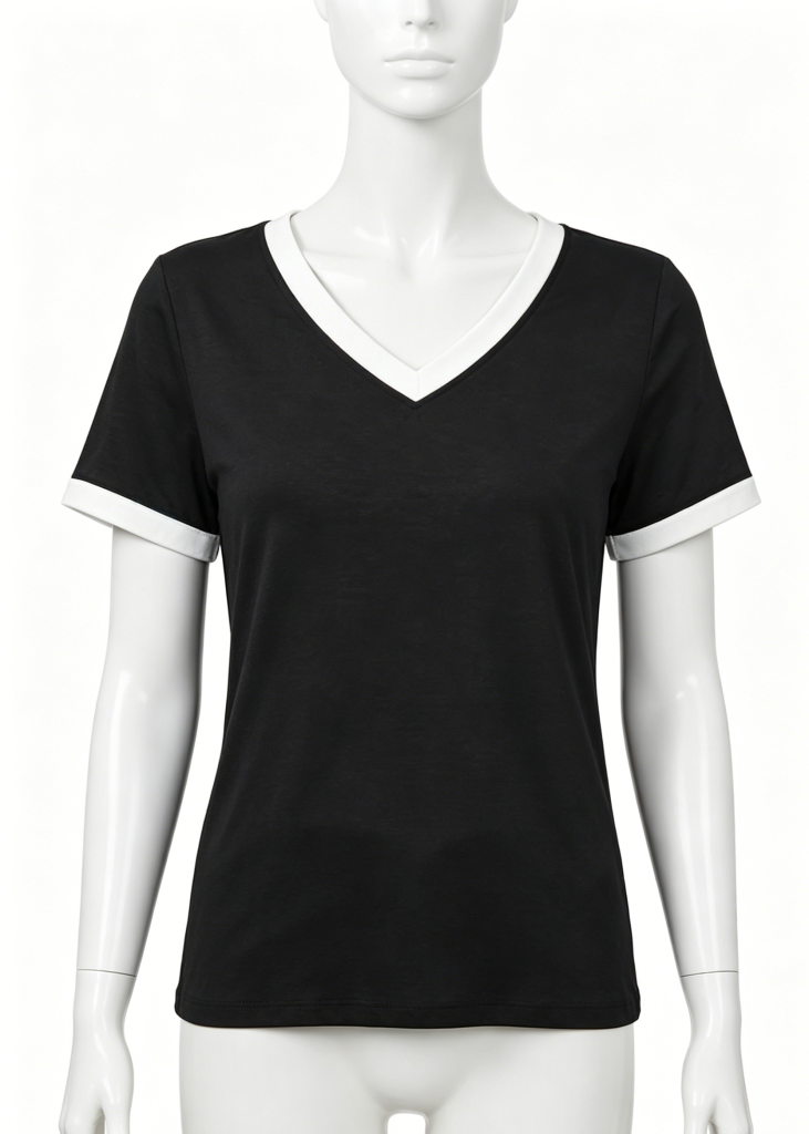 Chic Black V-Neck Tee with White Trim