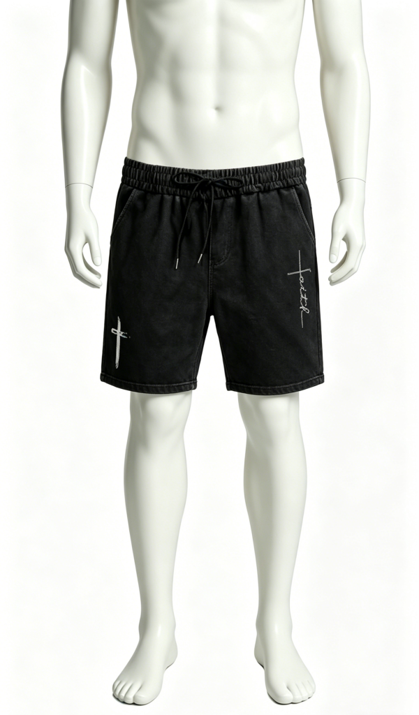 Washed Black Embroidered Casual Shorts