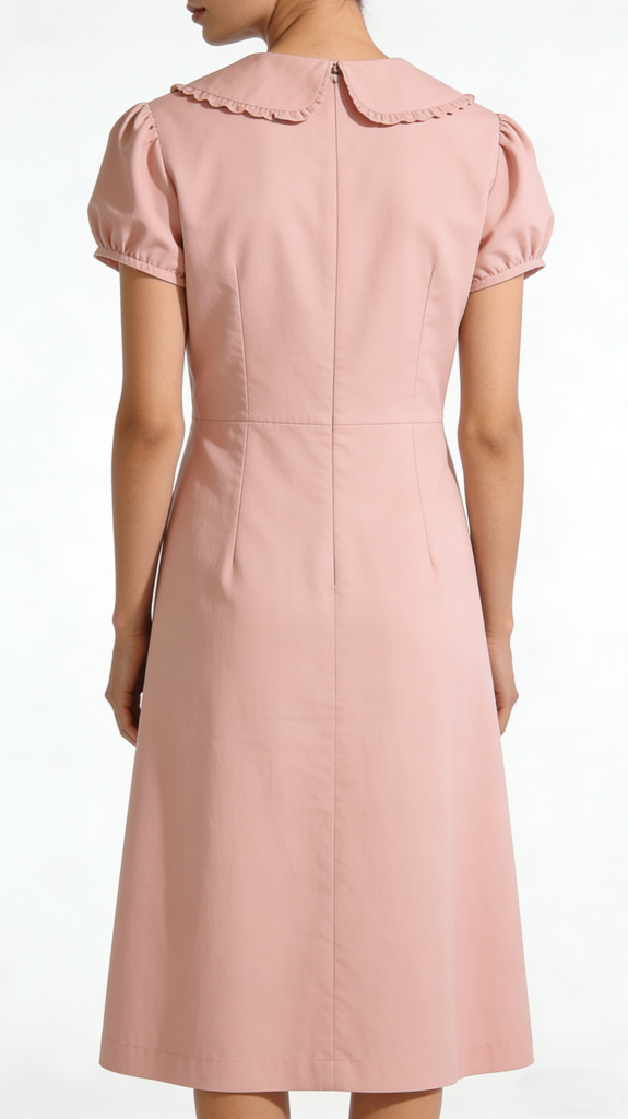 Pink Peter Pan Collar Puff Sleeve Flared Midi Dress