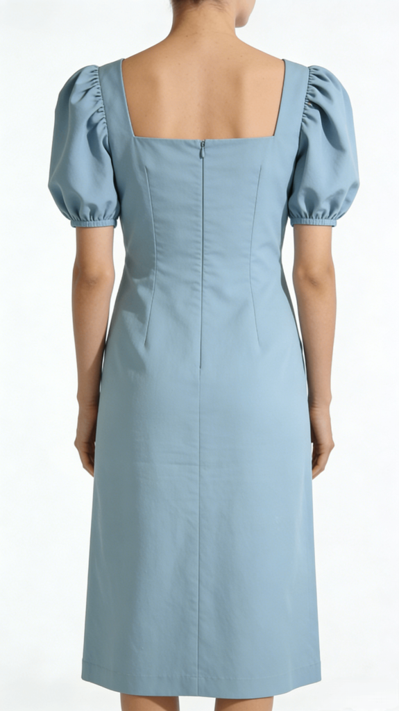 Light Blue Square Neck Puff Sleeve Midi Dress