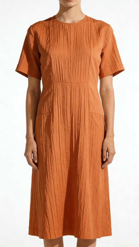 Orange Crinkled Texture Short Sleeve Midi Dress