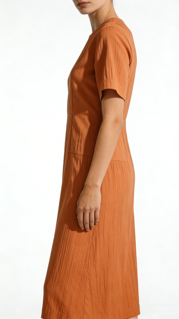 Orange Crinkled Texture Short Sleeve Midi Dress