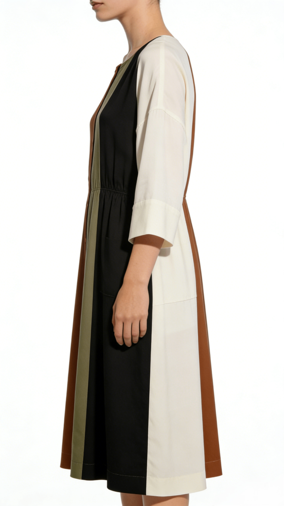 Multi-Color Block Button Front Elastic Waist Midi Dress