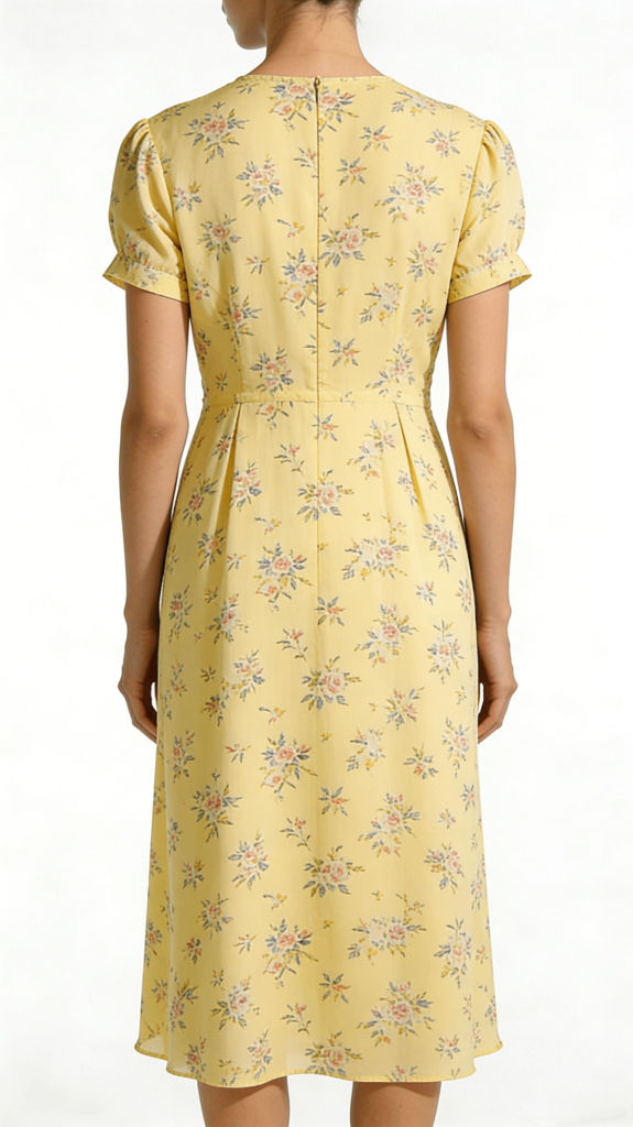 Yellow Floral Print V-Neck Puff Sleeve Midi Dress