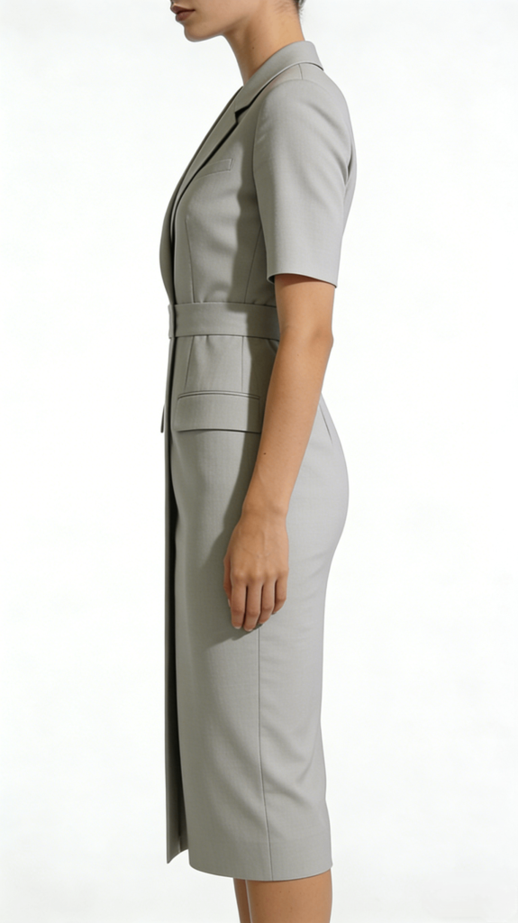 Light Gray Blazer Style Half Sleeve Belted Midi Dress