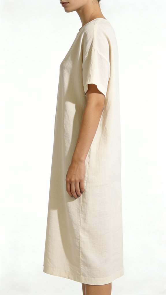 Cream White Linen Blend Loose Fit Midi Dress