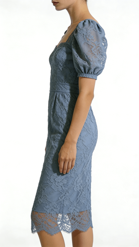 Dty Blue Lace Square Neck Puff Sleeve Midi Dress