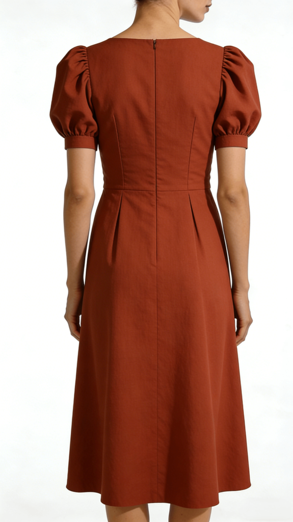 Rt Red Square Neck Puff Sleeve A-Line Midi Dress