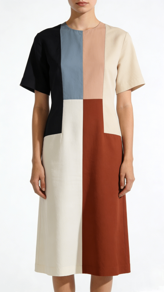 Color Block Short Sleeve Loose Straight Midi Dress
