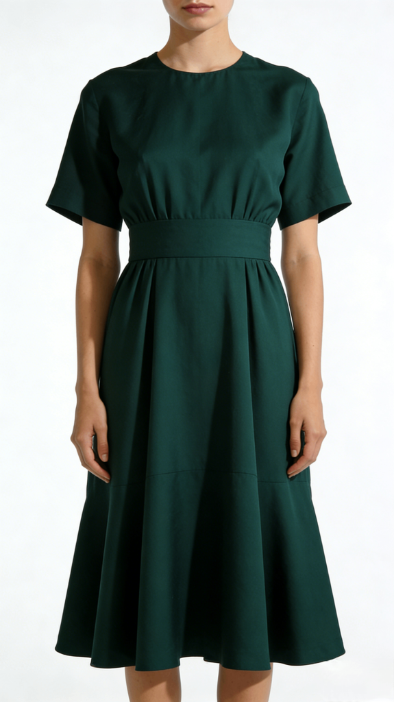 Dark Green Waisted Belted Flared Midi Dress