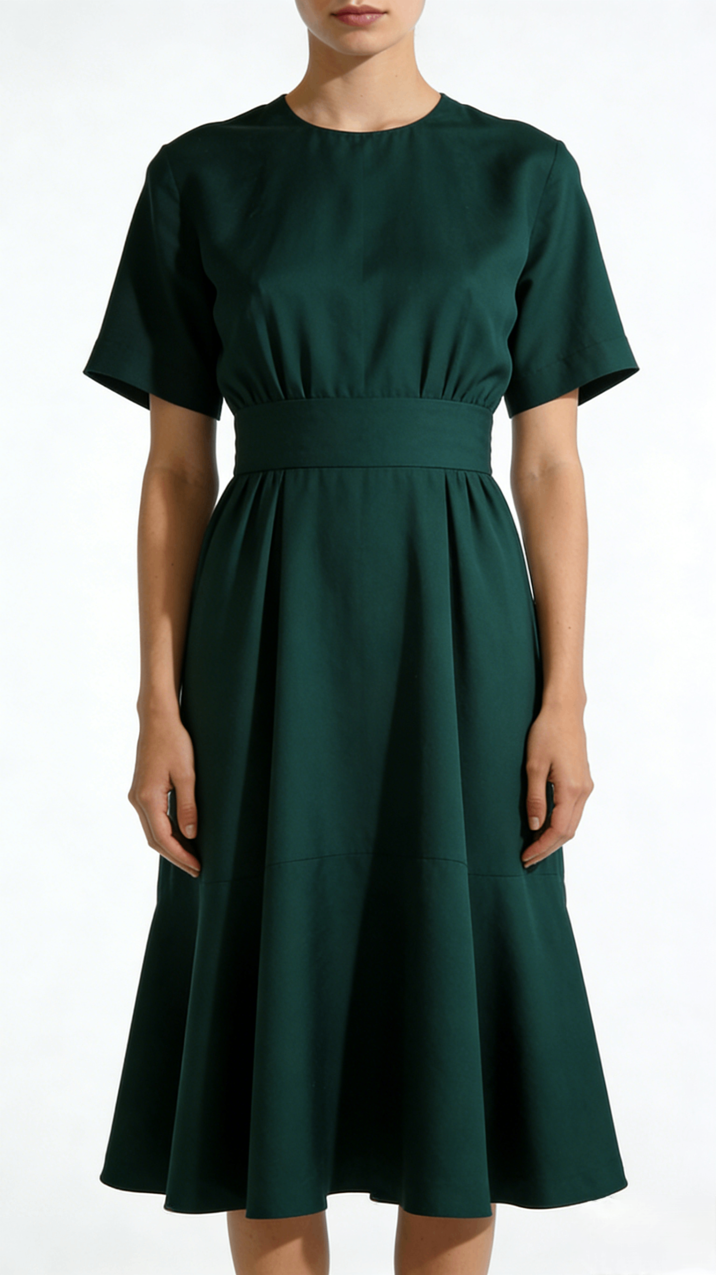 Dark Green Waisted Belted Flared Midi Dress - Image 3