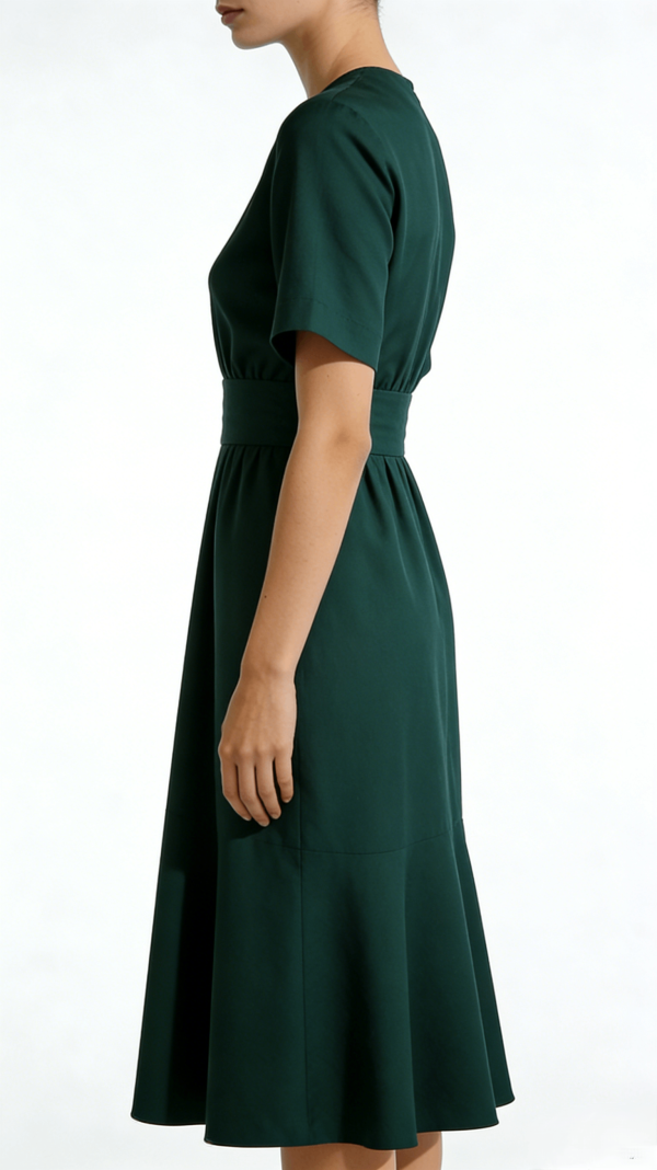 Dark Green Waisted Belted Flared Midi Dress - Image 2