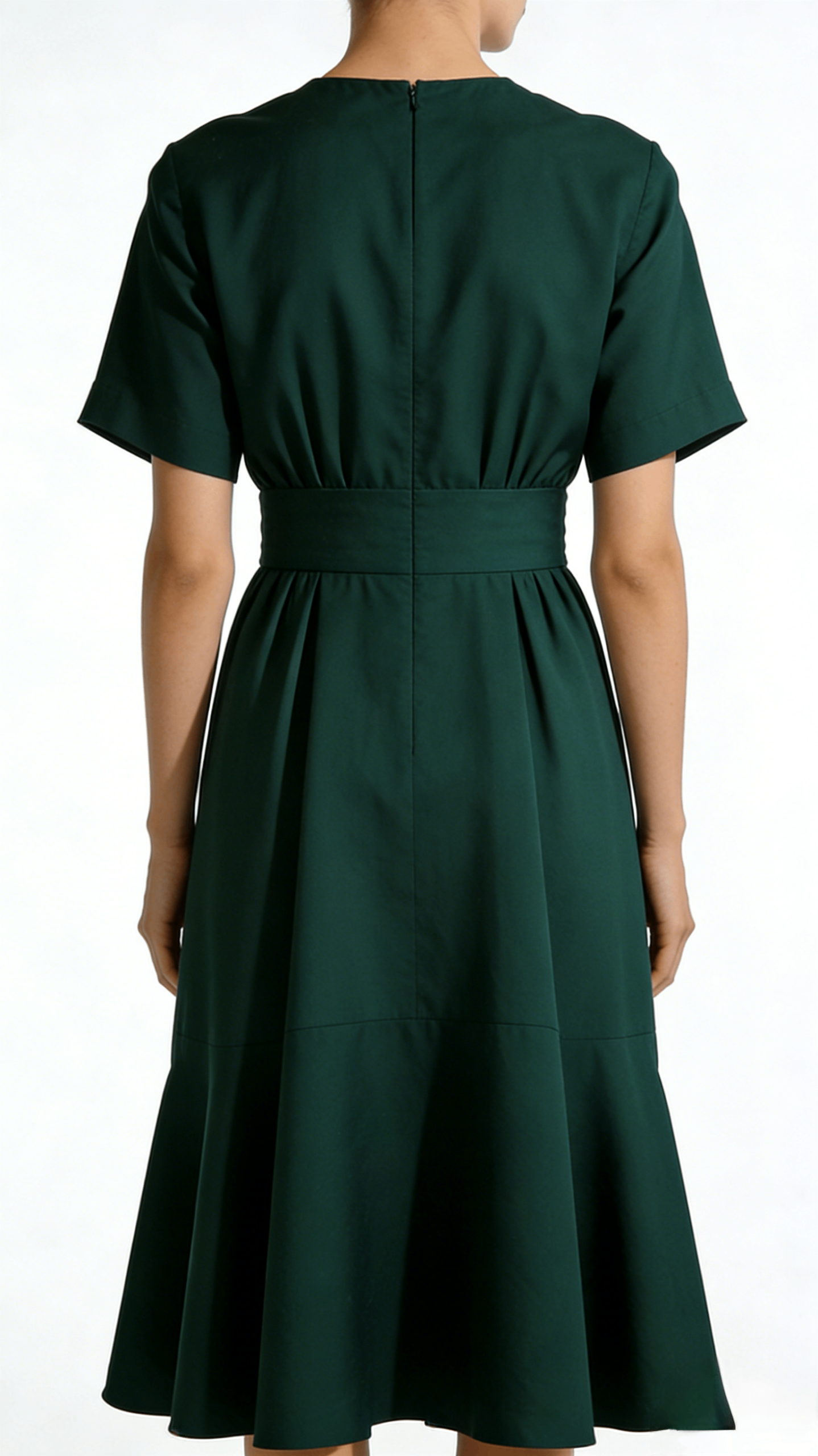 Dark Green Waisted Belted Flared Midi Dress - Image 1