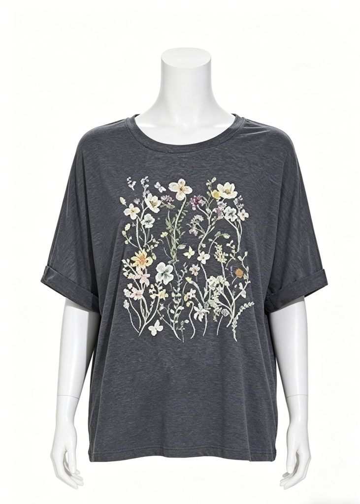 Casual Charcoal Tee with Wildflower Embroidery
