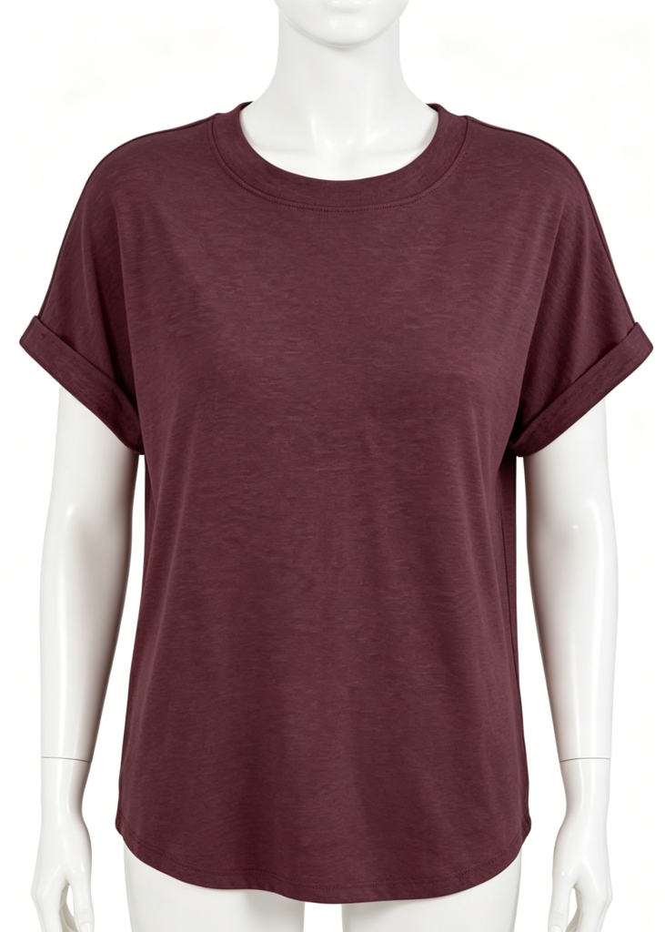 Relaxed Maroon Henley Tee with Rolled Sleeves