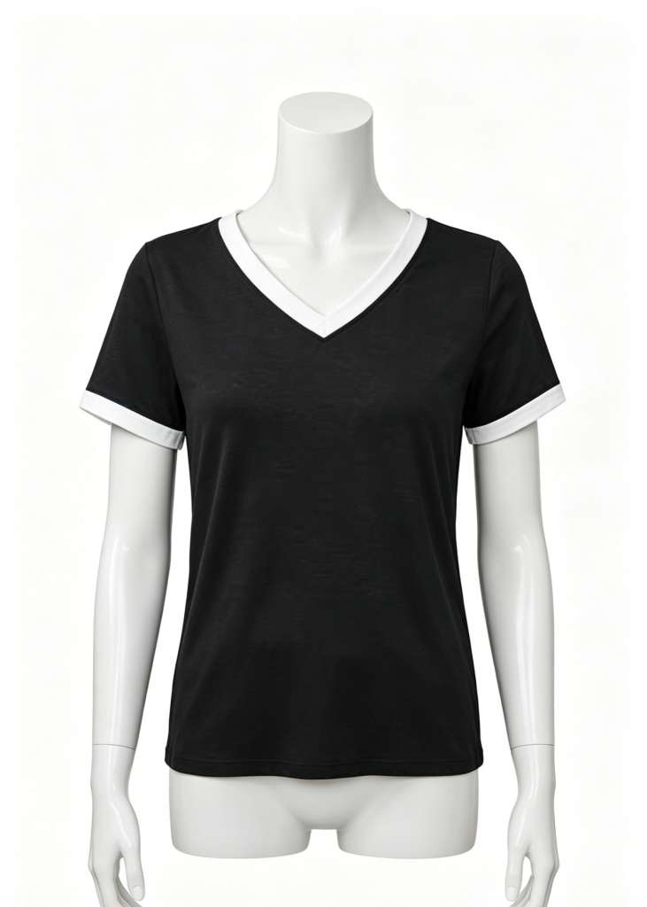 Chic Black V-Neck Tee with White Trim
