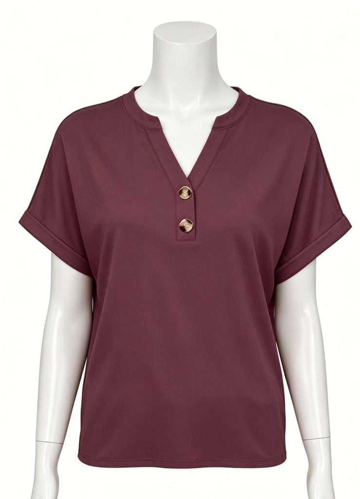 Relaxed Burgundy Henley Tee with Rolled Sleeves