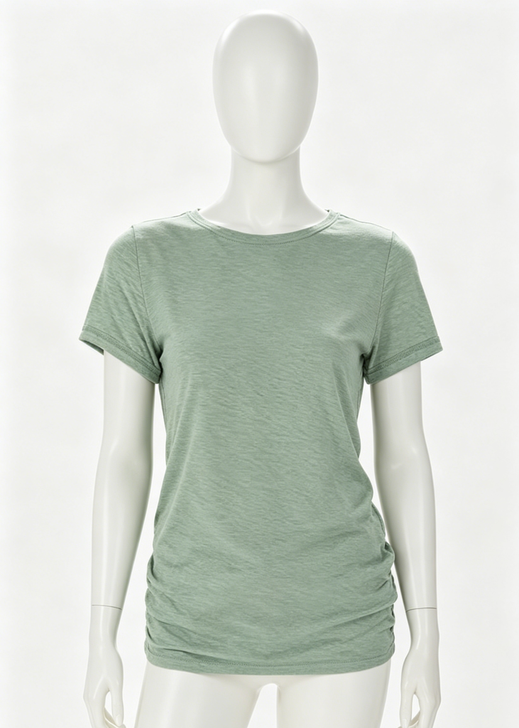Form-Fitting Sage Green Crew Neck Tee with Side Ruched Detail